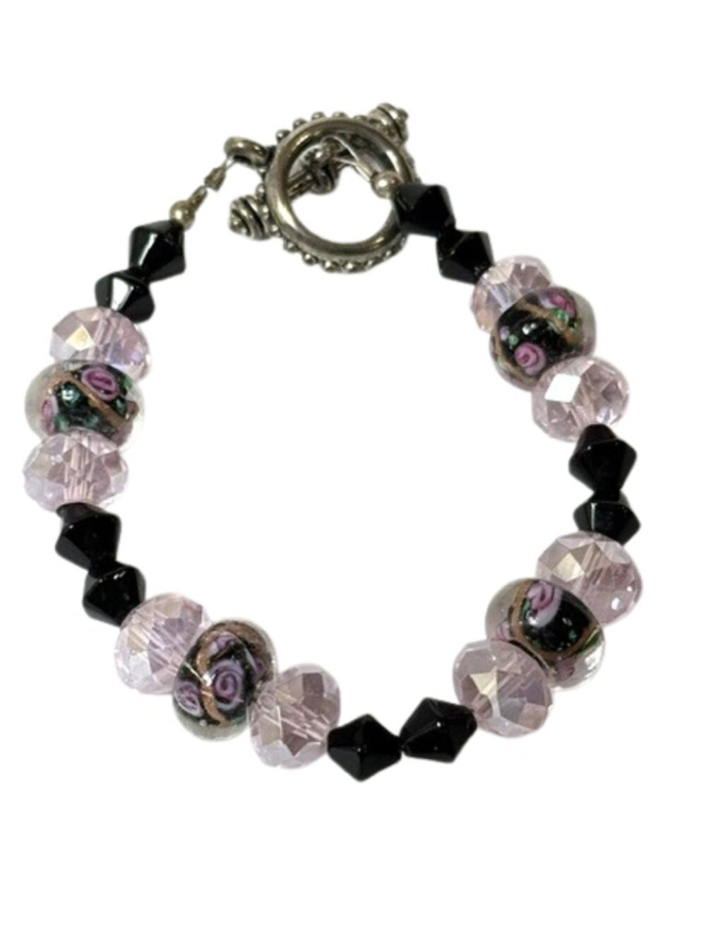 Pink, lavender and black lampwork and crystal bracelet.